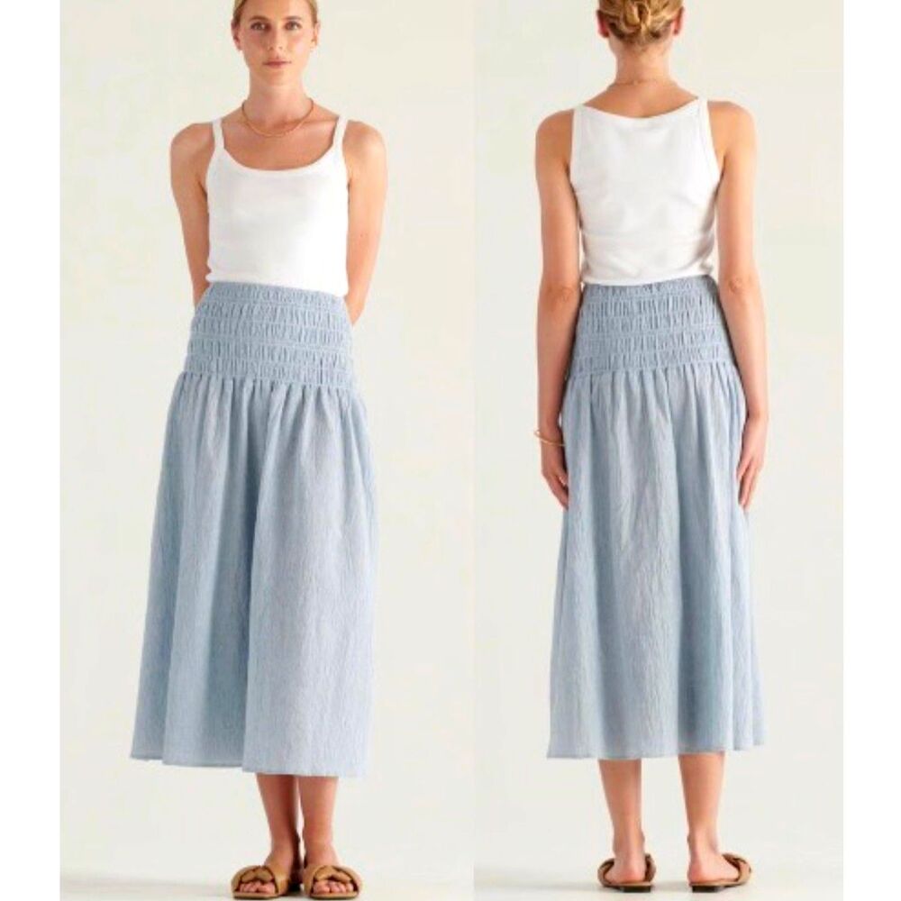 Blue Cotton Modal Midi Skirt M Smock High Waist Resort Crinkle Pinstripe Peasant